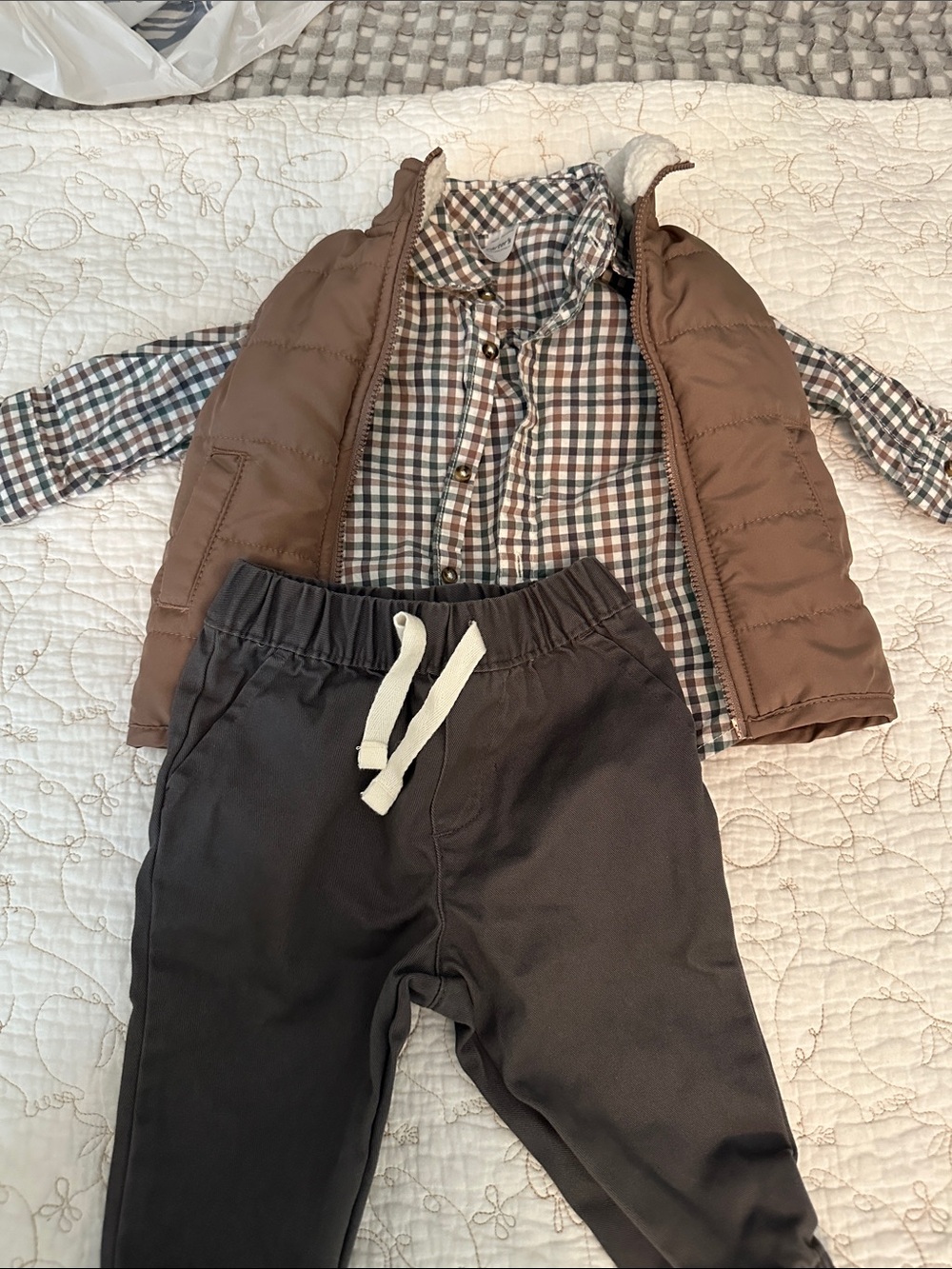 Carter's Brown Puffer Vest with Plaid Shirt and Charcoal Pants Kids Matching Set